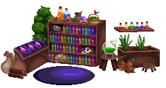 The Enchanter's bookshelf, potion table, plants, and purple rug