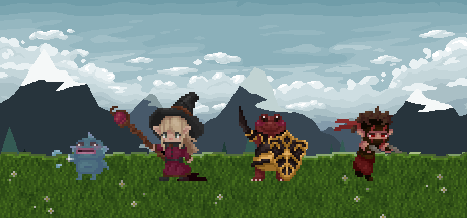 Four Dinky Delvers adventurers crossing a grassy field beneath snowy mountains